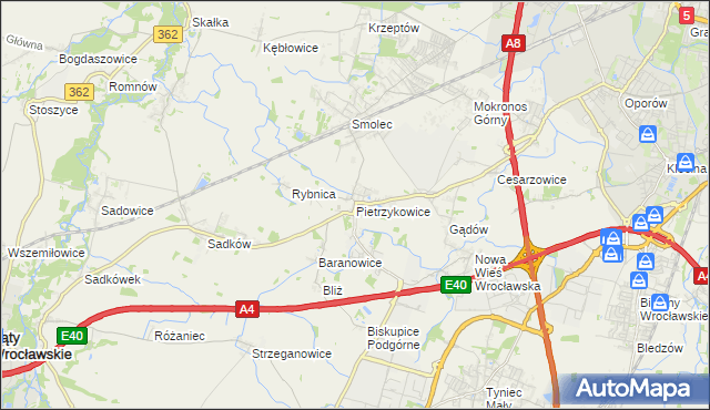 mapa Pietrzykowice gmina Kąty Wrocławskie, Pietrzykowice gmina Kąty Wrocławskie na mapie Targeo