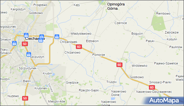 mapa Pomorze gmina Opinogóra Górna, Pomorze gmina Opinogóra Górna na mapie Targeo
