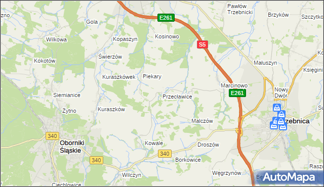 mapa Przecławice gmina Oborniki Śląskie, Przecławice gmina Oborniki Śląskie na mapie Targeo