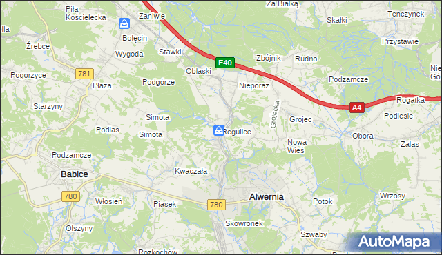 mapa Regulice gmina Alwernia, Regulice gmina Alwernia na mapie Targeo