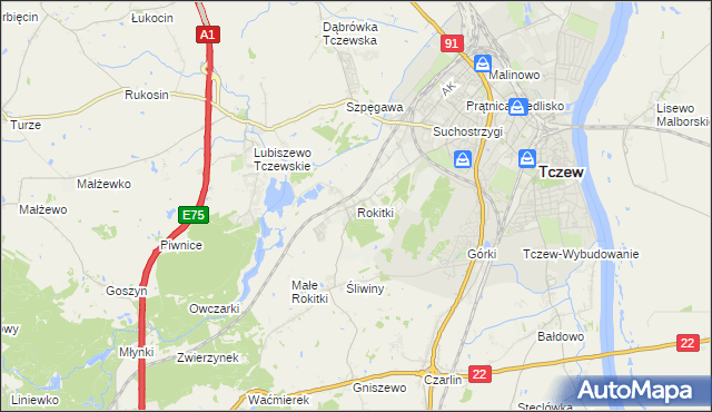 mapa Rokitki gmina Tczew, Rokitki gmina Tczew na mapie Targeo