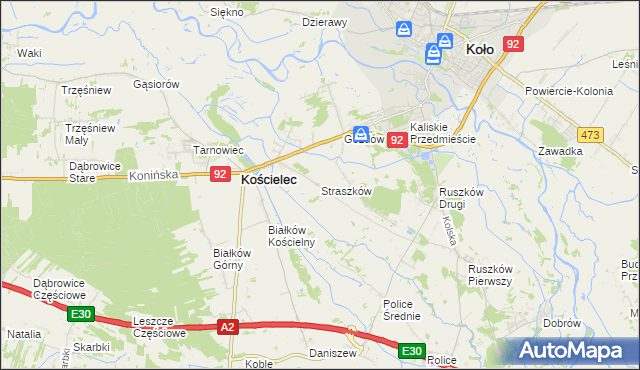 mapa Straszków gmina Kościelec, Straszków gmina Kościelec na mapie Targeo