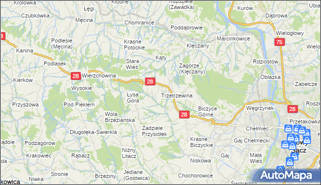 mapa Trzetrzewina, Trzetrzewina na mapie Targeo