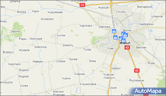 mapa Turów gmina Wieluń, Turów gmina Wieluń na mapie Targeo