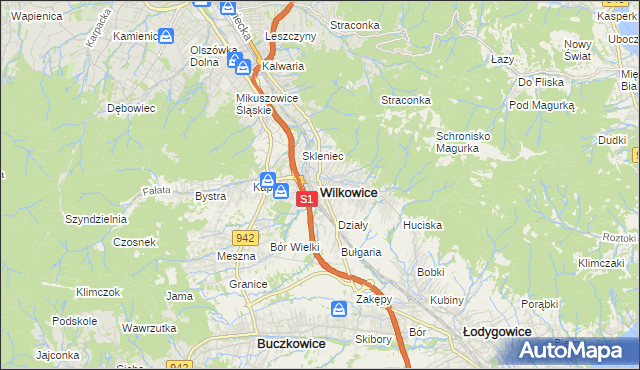 mapa Wilkowice powiat bielski, Wilkowice powiat bielski na mapie Targeo