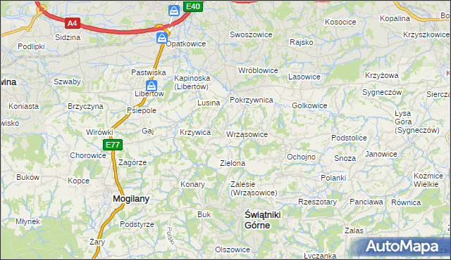 mapa Wrząsowice, Wrząsowice na mapie Targeo