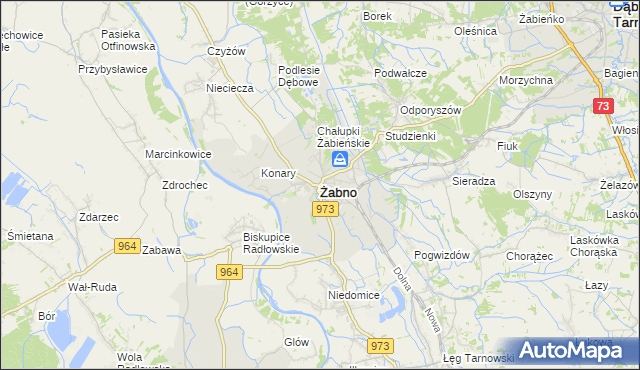 mapa Żabno powiat tarnowski, Żabno powiat tarnowski na mapie Targeo