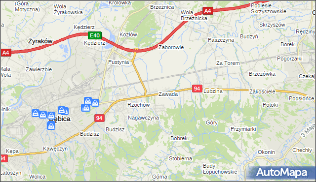 mapa Zawada gmina Dębica, Zawada gmina Dębica na mapie Targeo