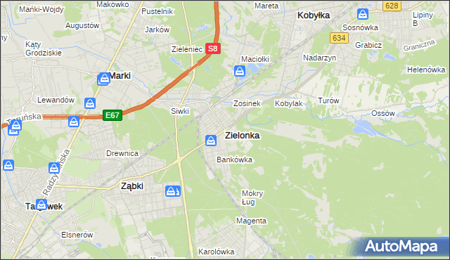 mapa Zielonka powiat wołomiński, Zielonka powiat wołomiński na mapie Targeo