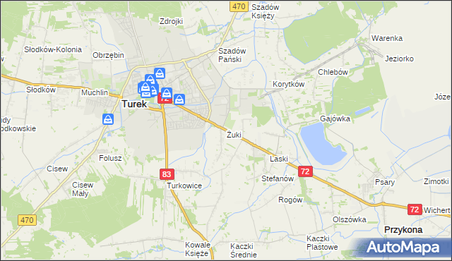 mapa Żuki gmina Turek, Żuki gmina Turek na mapie Targeo