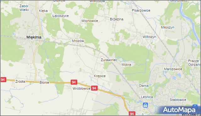 mapa Żurawiniec gmina Miękinia, Żurawiniec gmina Miękinia na mapie Targeo