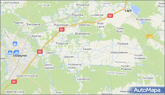 mapa Zwoleń gmina Gostynin, Zwoleń gmina Gostynin na mapie Targeo