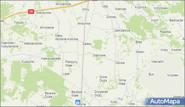 mapa Dąbrowa gmina Kiełczygłów, Dąbrowa gmina Kiełczygłów na mapie Targeo