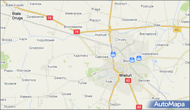 mapa Dąbrowa gmina Wieluń, Dąbrowa gmina Wieluń na mapie Targeo