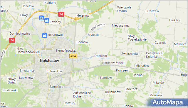 mapa Dobiecin gmina Bełchatów, Dobiecin gmina Bełchatów na mapie Targeo