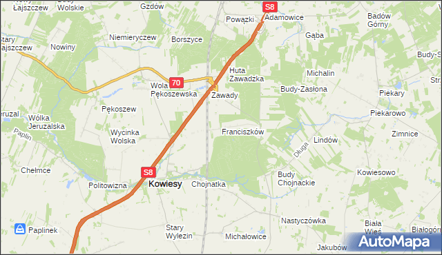 mapa Franciszków gmina Kowiesy, Franciszków gmina Kowiesy na mapie Targeo