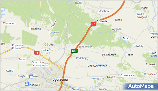 mapa Ignacówka gmina Jędrzejów, Ignacówka gmina Jędrzejów na mapie Targeo