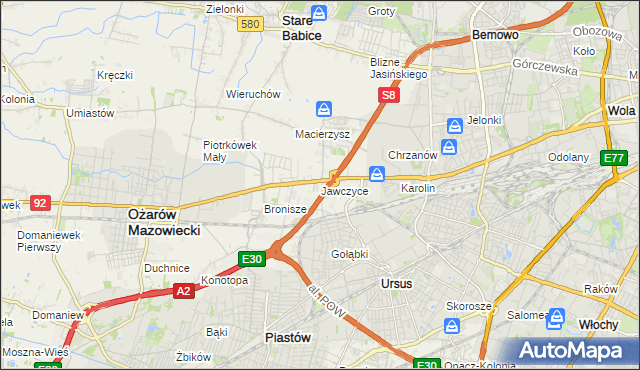 mapa Jawczyce gmina Ożarów Mazowiecki, Jawczyce gmina Ożarów Mazowiecki na mapie Targeo