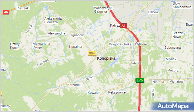 mapa Konopiska powiat częstochowski, Konopiska powiat częstochowski na mapie Targeo