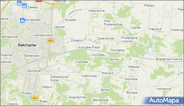 mapa Korczew gmina Bełchatów, Korczew gmina Bełchatów na mapie Targeo