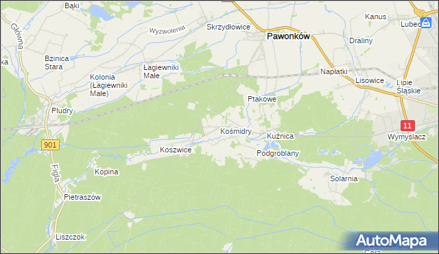 mapa Kośmidry gmina Pawonków, Kośmidry gmina Pawonków na mapie Targeo