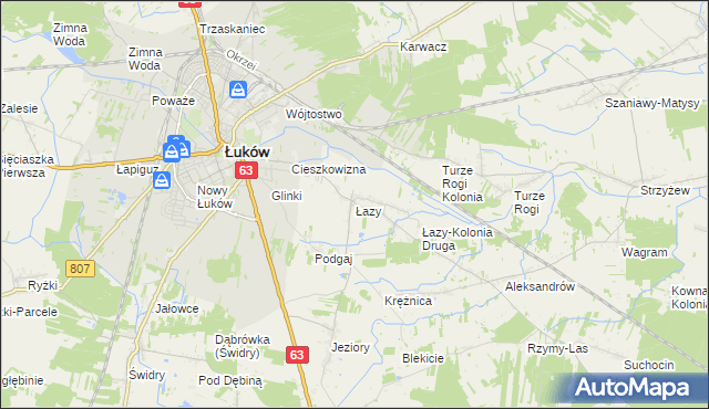 mapa Łazy gmina Łuków, Łazy gmina Łuków na mapie Targeo