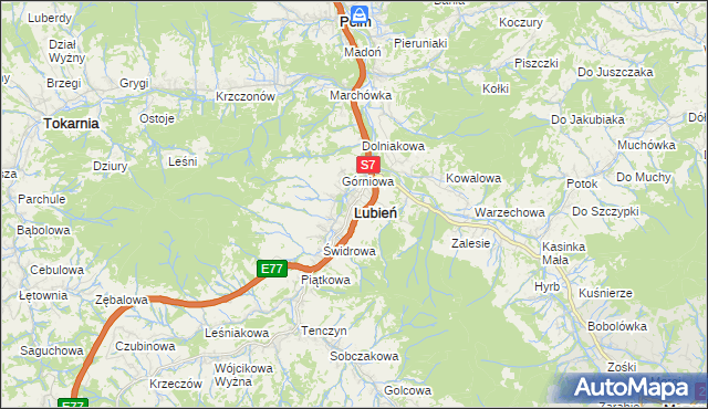 mapa Lubień powiat myślenicki, Lubień powiat myślenicki na mapie Targeo