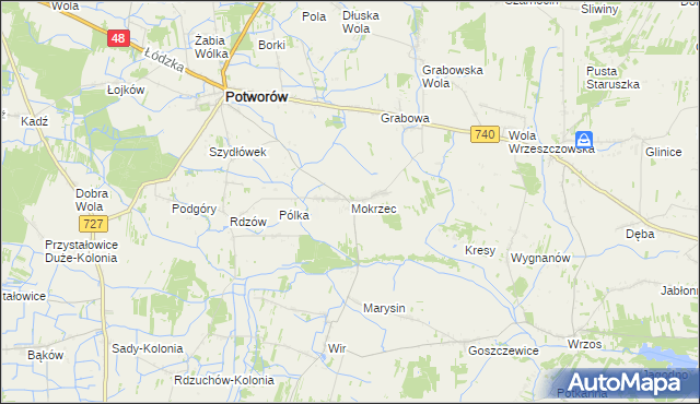 mapa Mokrzec gmina Potworów, Mokrzec gmina Potworów na mapie Targeo