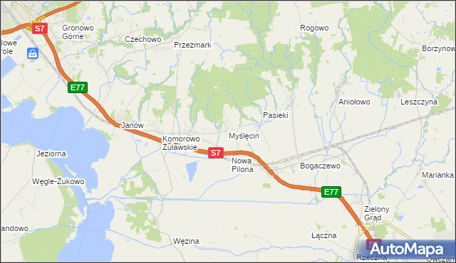 mapa Myślęcin gmina Elbląg, Myślęcin gmina Elbląg na mapie Targeo