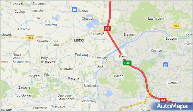 mapa Piekary gmina Liszki, Piekary gmina Liszki na mapie Targeo