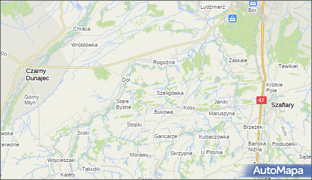 mapa Szeligówka gmina Czarny Dunajec, Szeligówka gmina Czarny Dunajec na mapie Targeo