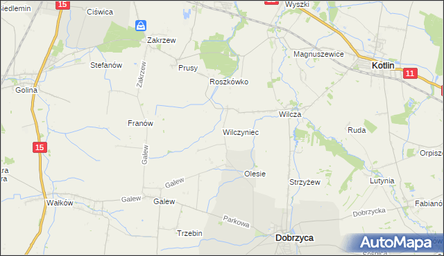 mapa Wilczyniec gmina Jarocin, Wilczyniec gmina Jarocin na mapie Targeo