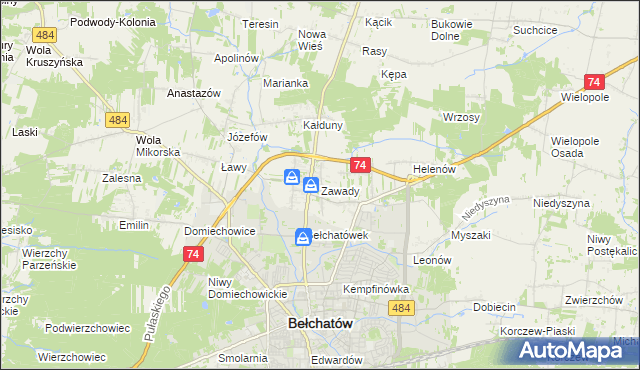 mapa Zawady gmina Bełchatów, Zawady gmina Bełchatów na mapie Targeo