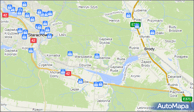 mapa Adamów gmina Brody, Adamów gmina Brody na mapie Targeo