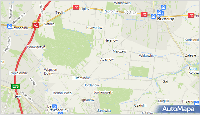 mapa Adamów gmina Brzeziny, Adamów gmina Brzeziny na mapie Targeo
