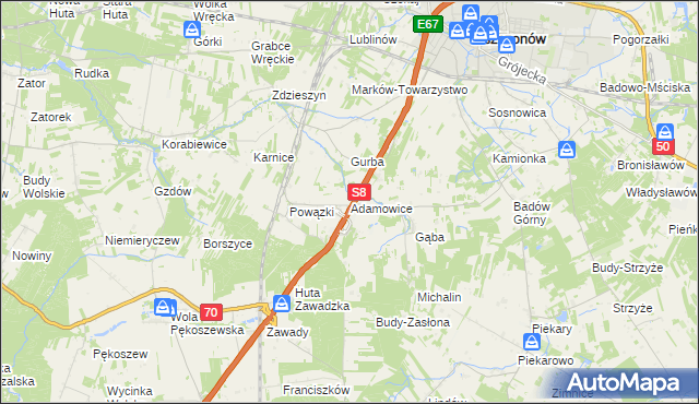 mapa Adamowice gmina Mszczonów, Adamowice gmina Mszczonów na mapie Targeo