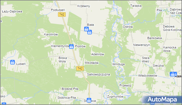 mapa Adelinów gmina Sulejów, Adelinów gmina Sulejów na mapie Targeo