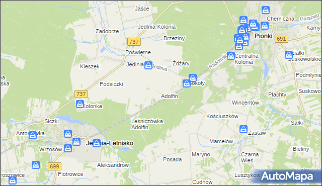 mapa Adolfin gmina Pionki, Adolfin gmina Pionki na mapie Targeo