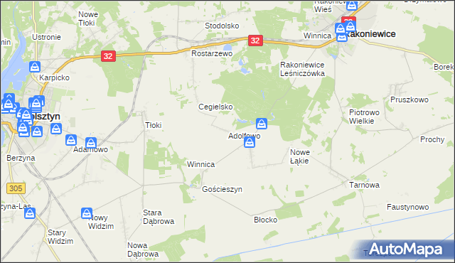 mapa Adolfowo gmina Rakoniewice, Adolfowo gmina Rakoniewice na mapie Targeo