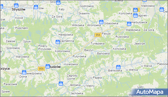 mapa Baczyn gmina Budzów, Baczyn gmina Budzów na mapie Targeo