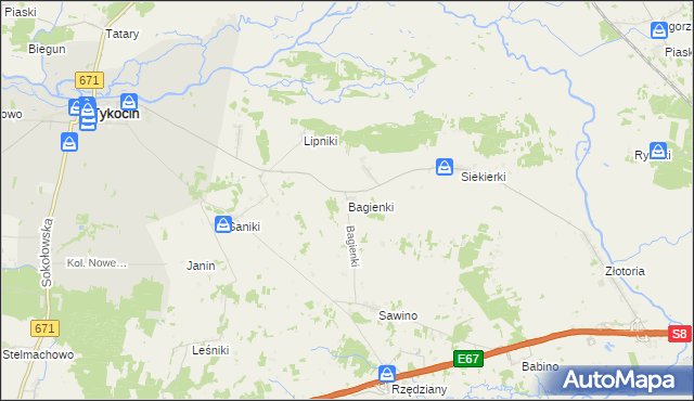 mapa Bagienki gmina Tykocin, Bagienki gmina Tykocin na mapie Targeo