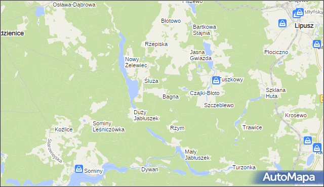 mapa Bagna gmina Lipusz, Bagna gmina Lipusz na mapie Targeo