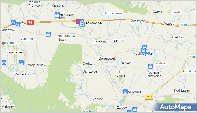 mapa Baranówek gmina Baćkowice, Baranówek gmina Baćkowice na mapie Targeo