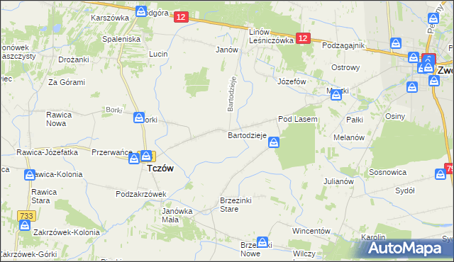 mapa Bartodzieje gmina Tczów, Bartodzieje gmina Tczów na mapie Targeo