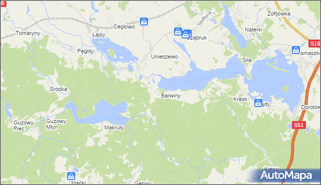 mapa Barwiny, Barwiny na mapie Targeo