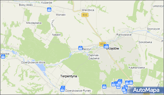 mapa Bęczyn gmina Urzędów, Bęczyn gmina Urzędów na mapie Targeo