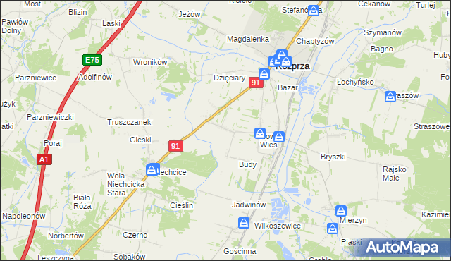 mapa Białocin gmina Rozprza, Białocin gmina Rozprza na mapie Targeo