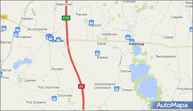 mapa Bielawy gmina Płużnica, Bielawy gmina Płużnica na mapie Targeo