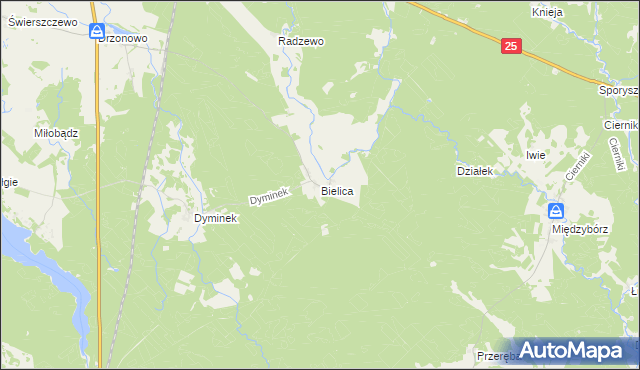 mapa Bielica gmina Biały Bór, Bielica gmina Biały Bór na mapie Targeo