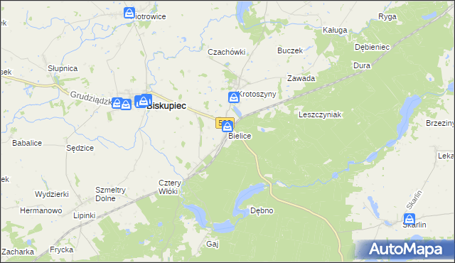 mapa Bielice gmina Biskupiec, Bielice gmina Biskupiec na mapie Targeo